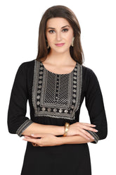 Black Cotton Straight Cut Kurti for Women with Embroidered Yoke